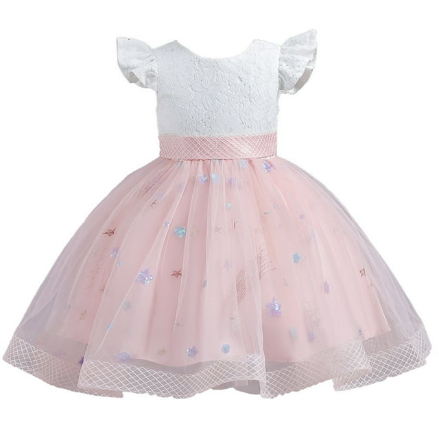 YOUSNH Enfants Tout-Petits Bébés Filles Printemps Été Imprimé à Volants Manches Courtes Robe de Princesse à Volants Sans Manches Spectacle Dentelle Tulle Robe de Fête Robes pour Filles Rose 7-8 Ans