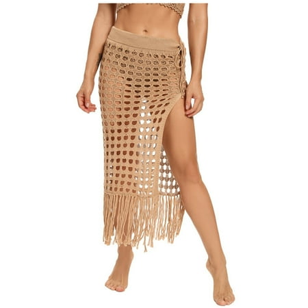 Mrat High-Low Skirts Women Solid Swimsuit Bohemian Hollow Weave Tassels Cover up Bikini Swimwear Beach Cover-Ups Wrap Skirt Mini Skirts S-90 Khaki XL