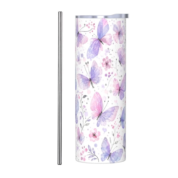 20oz Watercolor Butterfly Tumbler with Straw Stainless Steel Insulated Travel Coffee Cup Gift for Women with Stainless Steel Straw