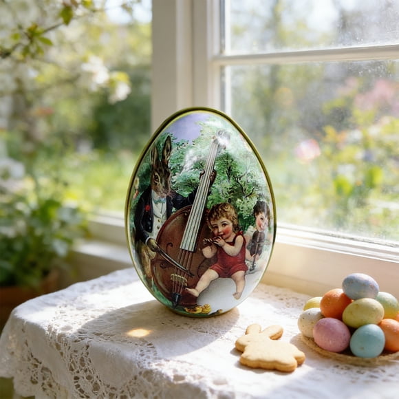 EGNMCR Easter Decorations, Easter Ornaments, Easter Gifts Easter Bunny Metal Tin Egg-shaped Jewelry Box Candy Box Easter Egg Holiday Decoration Iron Egg Candy B ox