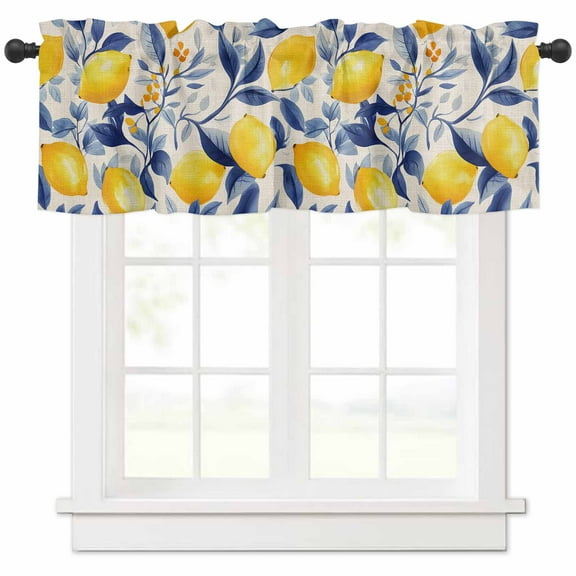 nqOlkjepod Yellow Lemon Farmhouse Short Window Curtain Valances, Blue Leaf Vintage Botanical Summer Spring Rod Pocket Kitchen Valances for Living Room Bedroom Bathroom Cafe, 1 Panel - 54" x 18"