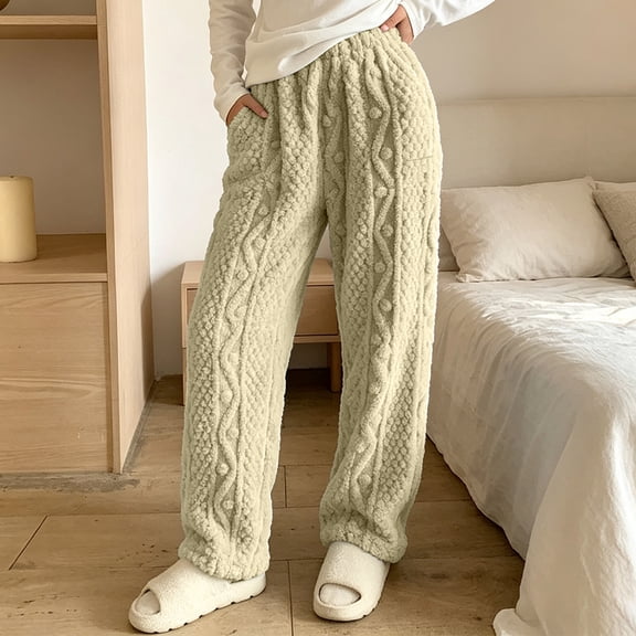 Women's Cable Knit Fuzzy Loungewear Pants Elastic Waist Jogger Style Warm Plush Home Trousers with Pockets for Fall Winter