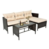 IVV 3-Piece Outdoor Conversation Sectional Sofa Set, Patio Wicker Rattan Furniture Set w/ Loveseat, Lounge and Coffee Table with Glass Top, Brown with Khaki Cushions