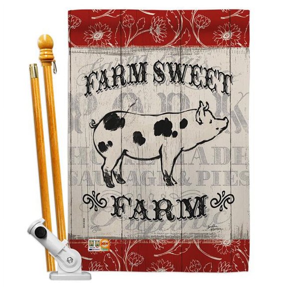 Breeze Decor BD-FA-HS-110119-IP-BO-D-US18-WA 28 x 40 in. Sweet Farm Pig Nature Animals Impressions Decorative Vertical Double Sided House Flag Set with Pole Bracket & Hardware
