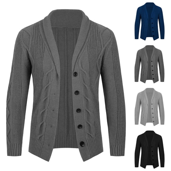 Zedker Men's Cardigan Sweaters Casual Wool Blend Long Sleeve Shawl Collar Buttons Down Cable Knit Sweater Black L