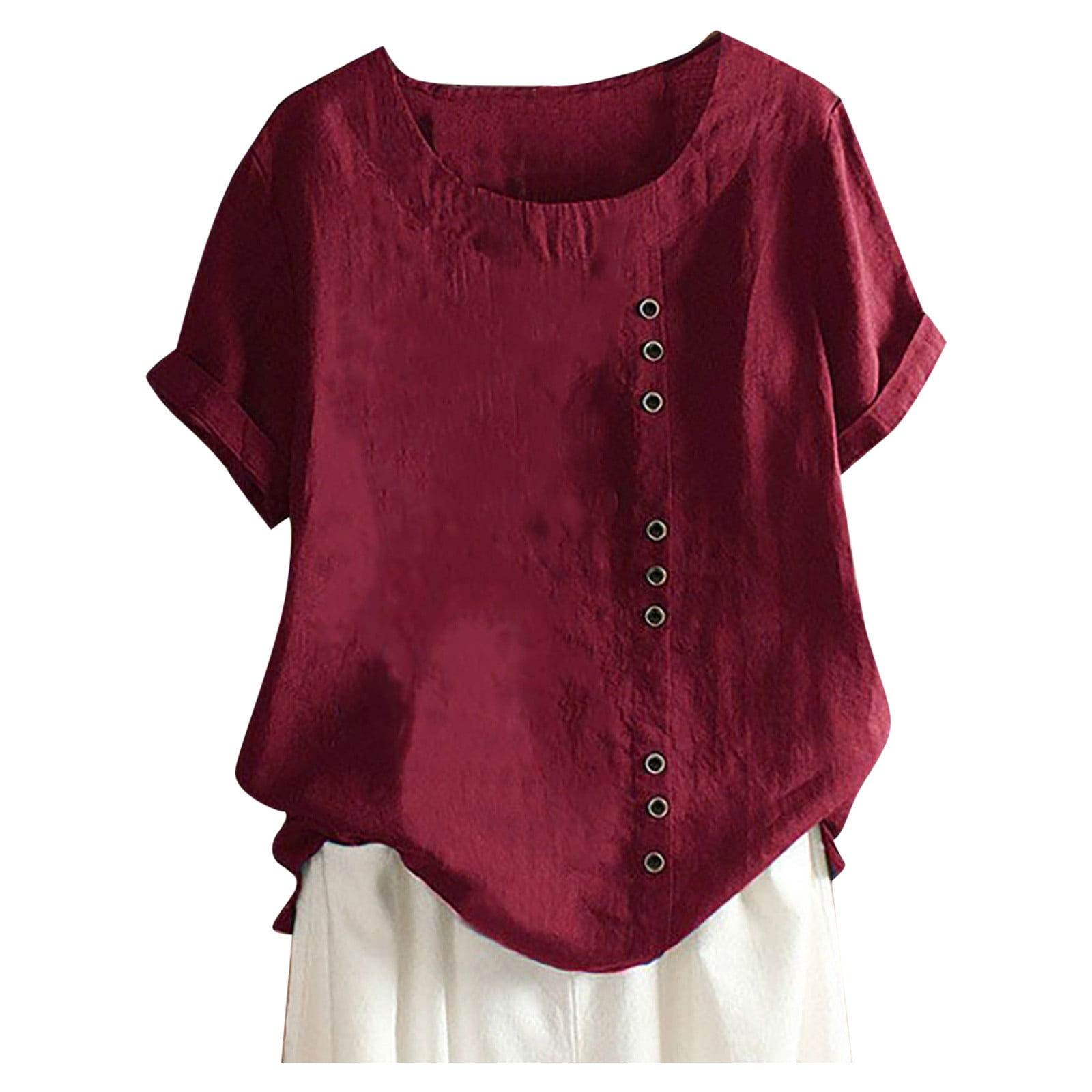 WEIYLL Womens T Shirts Plus Size Linen Loose Tunic Breathable Boho Solid Wine Tee Sizes M