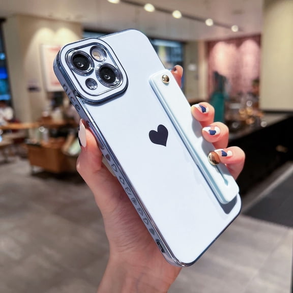For Apple iPhone 14 Pro Slim Rubber Cute Love Heart Wrist Strap Stand Shockproof Case Cover