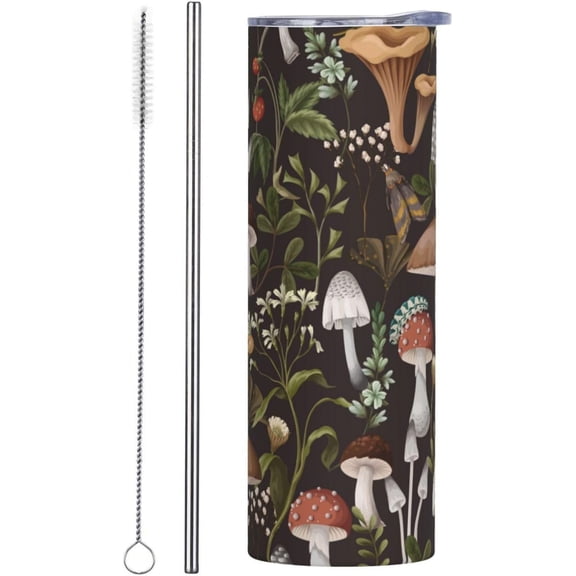 20oz Mushroom Tumbler with Lid and Straw Mushrooms and Berries Skinny Stainless Steel Tumblers Plant Insulated Coffee Travel Mug Cups Water Bottle Gift for Women Plants Lovers
