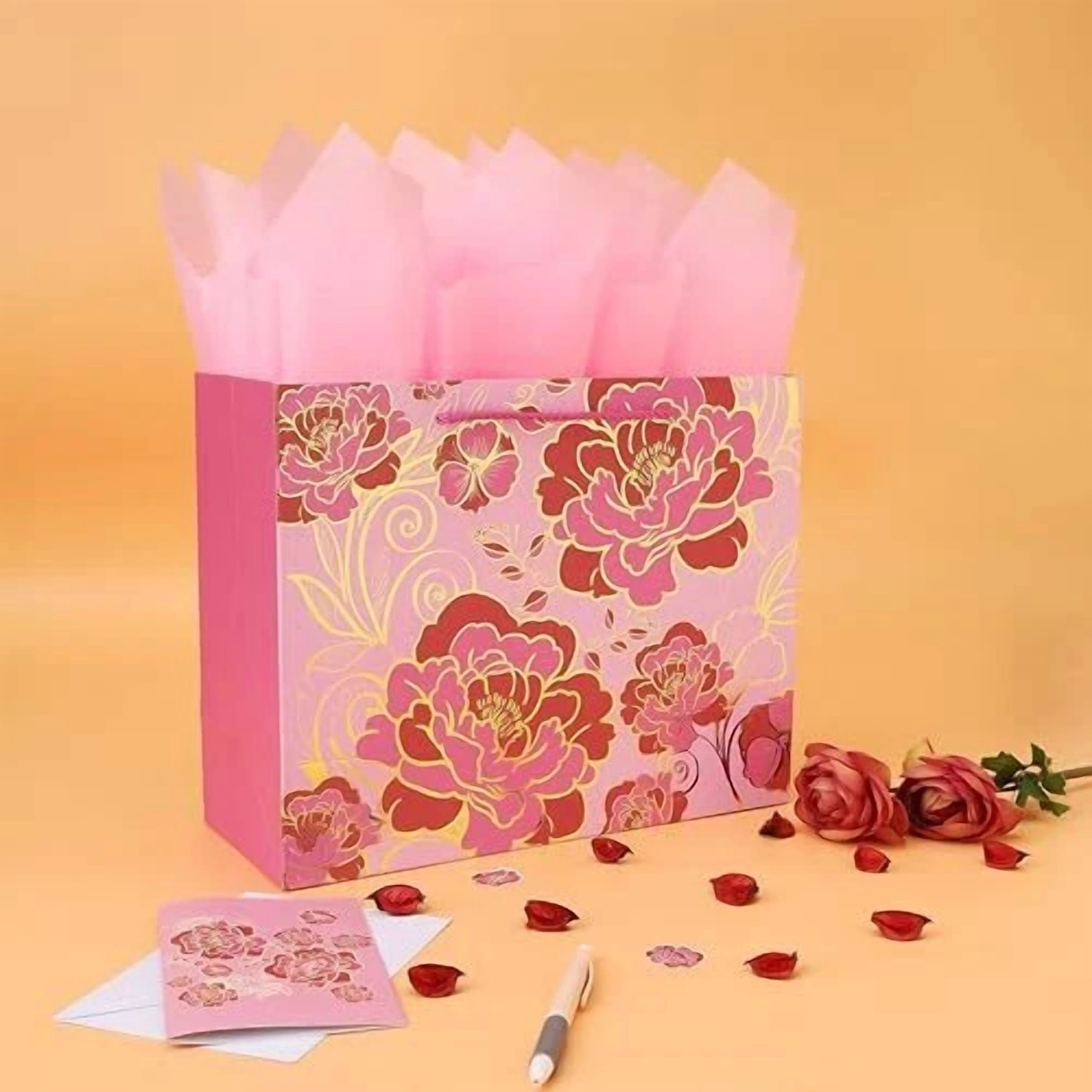 BUTTERFLY- 13" Large Gift Bag Set With Greeting Card And Tissue Paper(Foil Rose Pink