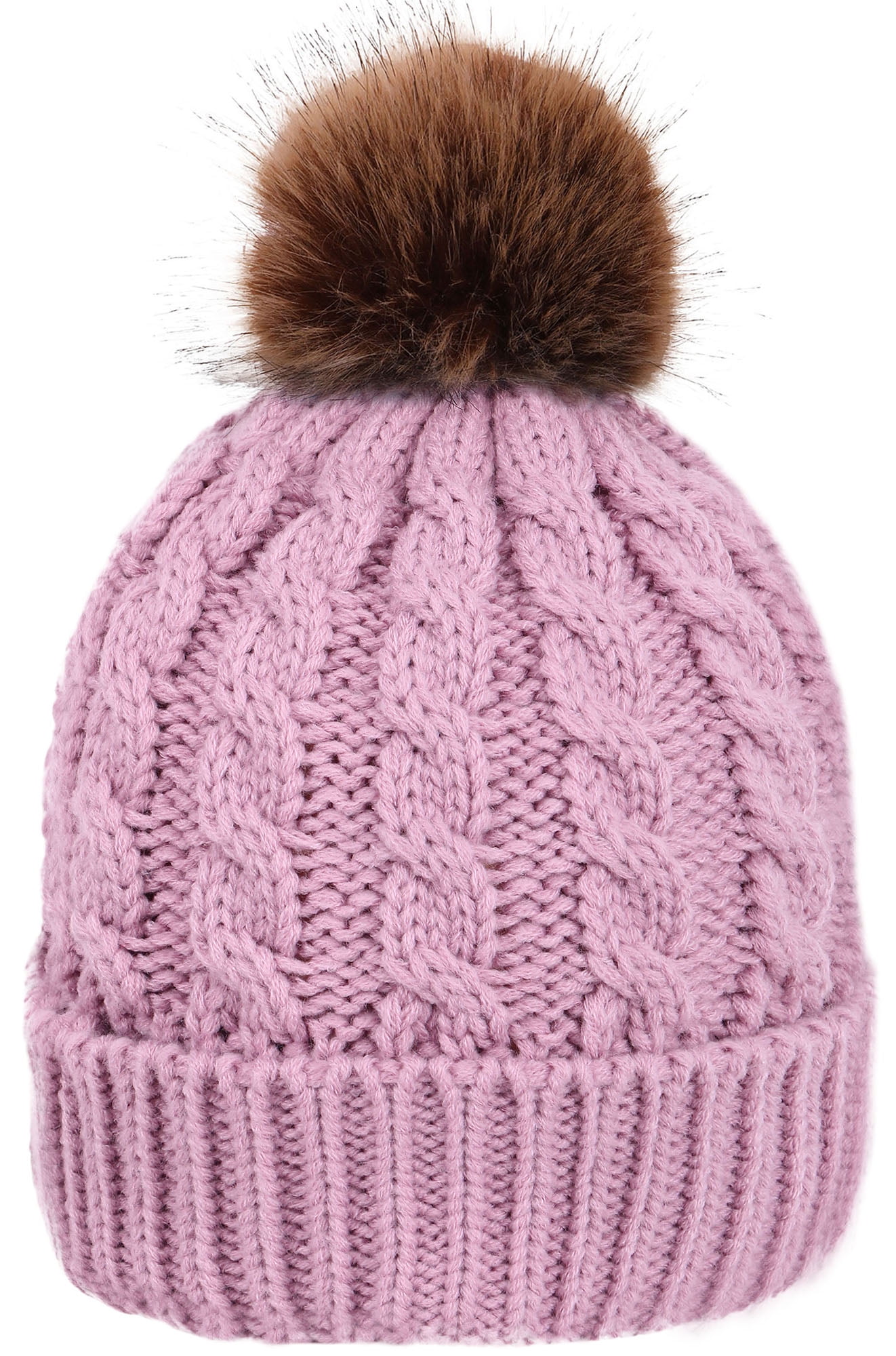 Winter Hand Knit Beanie Hat with Faux 