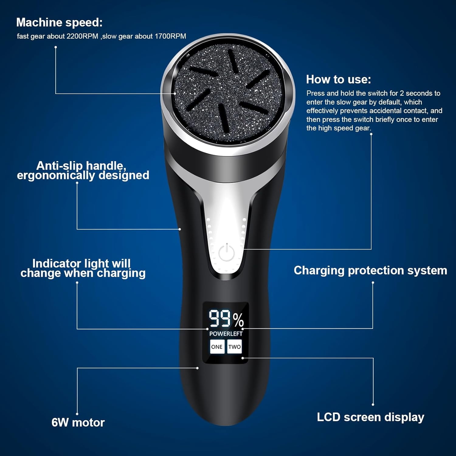 Aorsher 2-Speed Electric Foot Callus Remover with LCD Display, Dual Motors Rechargeable Calloused Feet Remover Tool Kit for Efficient Exfoliation of Dead Skin on Feet, IPX7 Waterproof