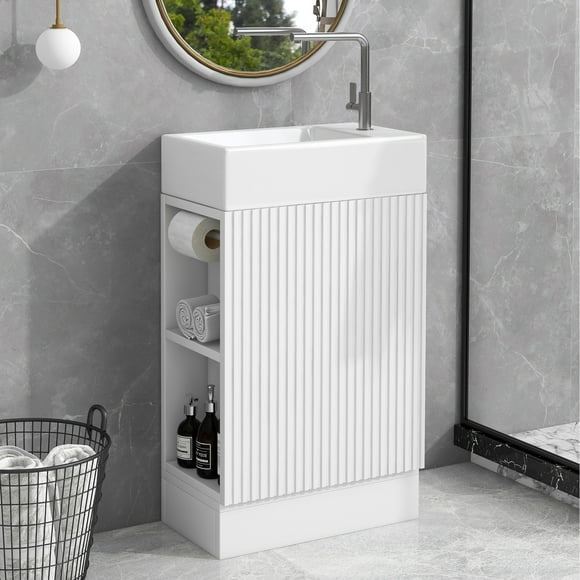 Euroco 18.6" Bathroom Vanity with Sink, Vanity with Cabinet and Adjustable Paper Holder, Two-tier Shelf, Left or Right Orientation, White