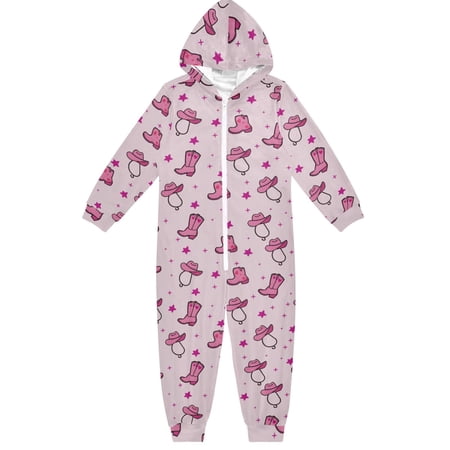 Pink Denim Hat Boot Pattern One Piece Pajamas Soft Jumpsuit Cozy Sleep and Play Romper Zipper and Pockets 5T-6T