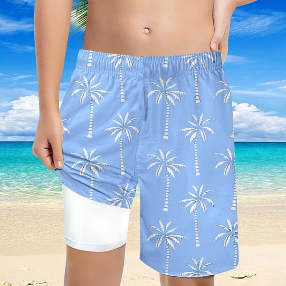 FUZHIQ Boys Swim Tropical Print Trunks With Compression Liner Boy Bathing Suit Quick Dry Beach Swimsuit Toddler Swim Shorts,10-12 Years