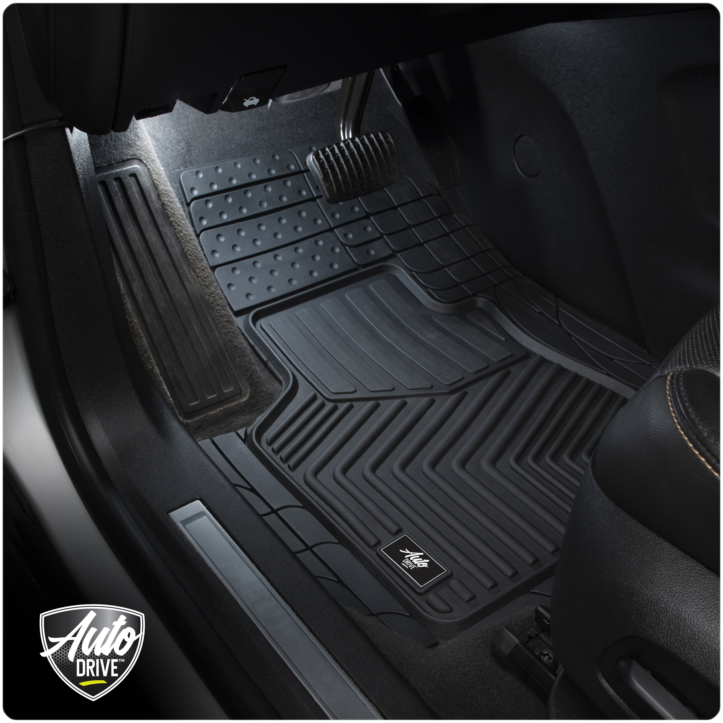 Auto Drive 2PC Rubber Floor Mats Diamond Plate Black - Universal Fit 