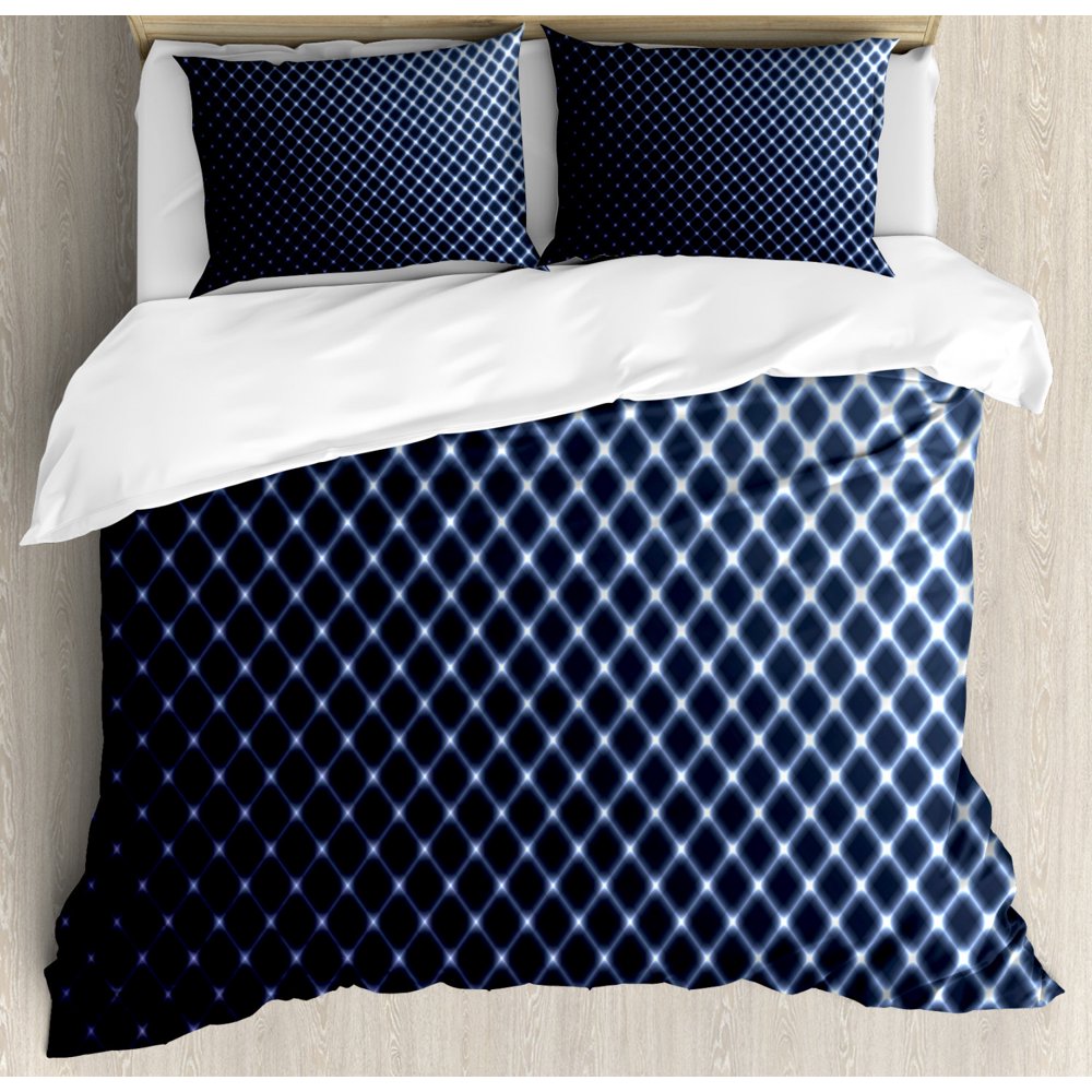 Dark Blue Duvet Cover Set, Diagonal Checkered Pattern Halftone