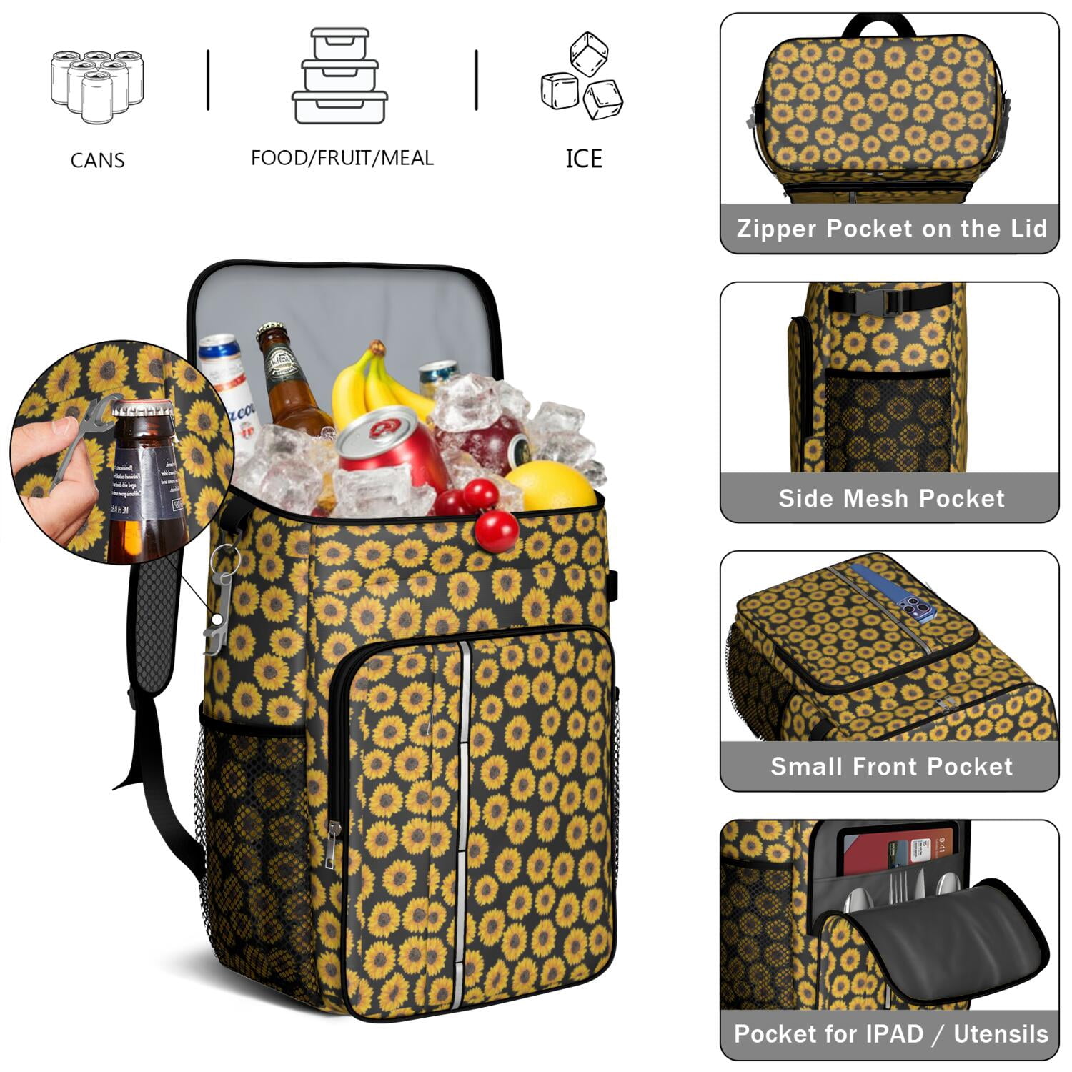Travel Cooler Bag - Black Sunflower Camping Beer Cooler Backpack with Bottle Opener- Waterproof Insulated Picnic Backpacks - Cooler Bag for Beach