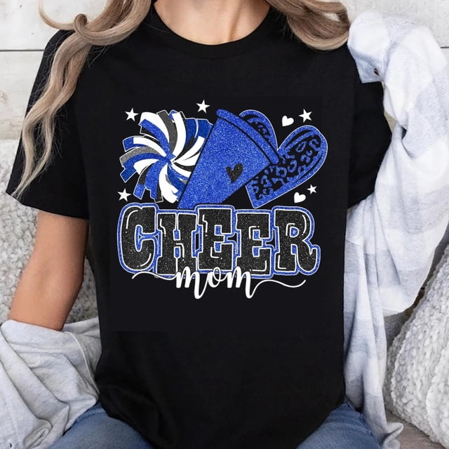 Playera de Mamá Cheerleader 100% Algodón con Diseño de Pompones Brillantes y Megáfono para Mujeres
