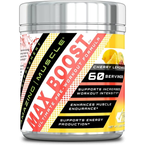 Amazing Muscle Max Boost Pre-Workout Formula, 60 Servings -Sucralose - Cherry Lemonade