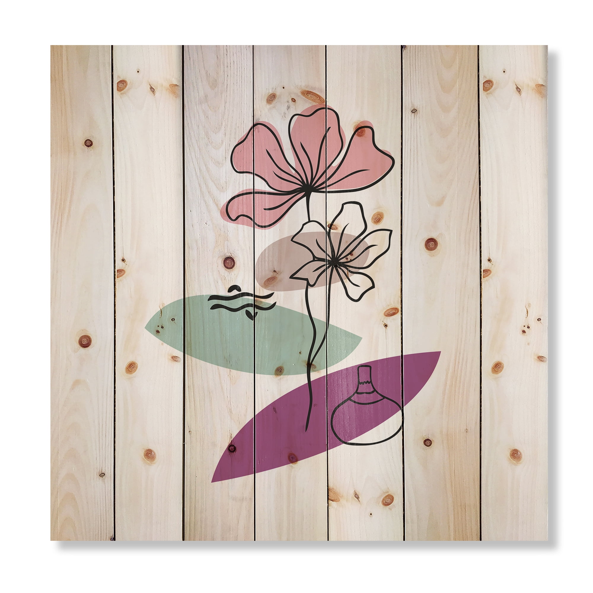 Designart 'Abstract Flowers Plants With Elementary Shapes IV' Modern Print on Natural Pine Wood
