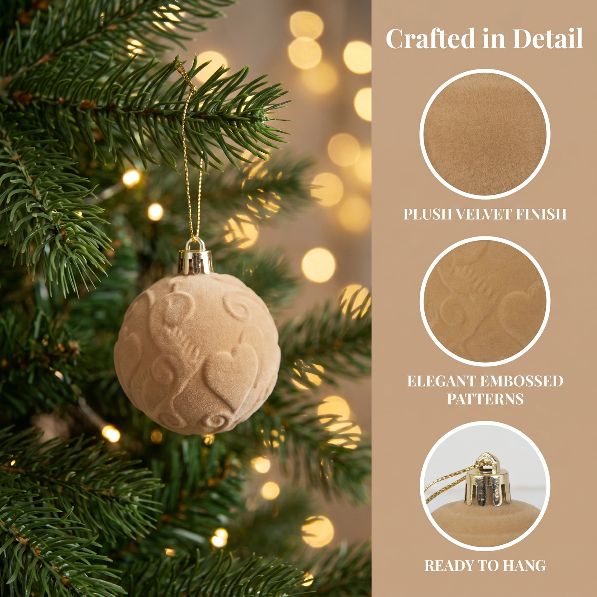 Unique Bargains Velvet Christmas 12 Pack Flocked Sphere Orbs Luxury Ornaments Khaki 2.4"