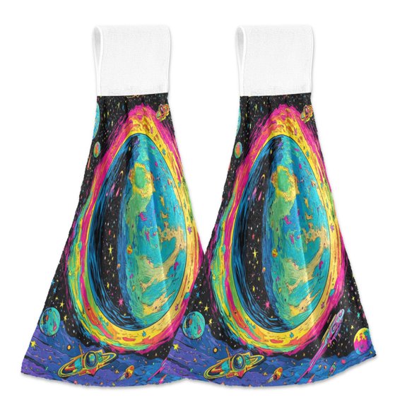 BZSMCE Hanging Hand Towels Fashion Colorful Planet and Stars Pattern 2-Pack - Velcro Style Bathroom Kitchen Towels