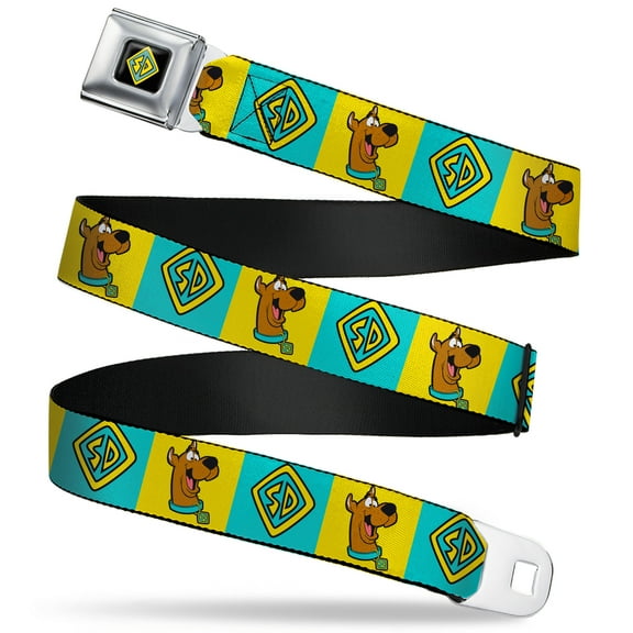 Scooby Doo Belt, Seatbelt Buckle Belt, Scooby Doo Pose and Dog Tag Blocks Yellow Blue, 30 to 44 Inches