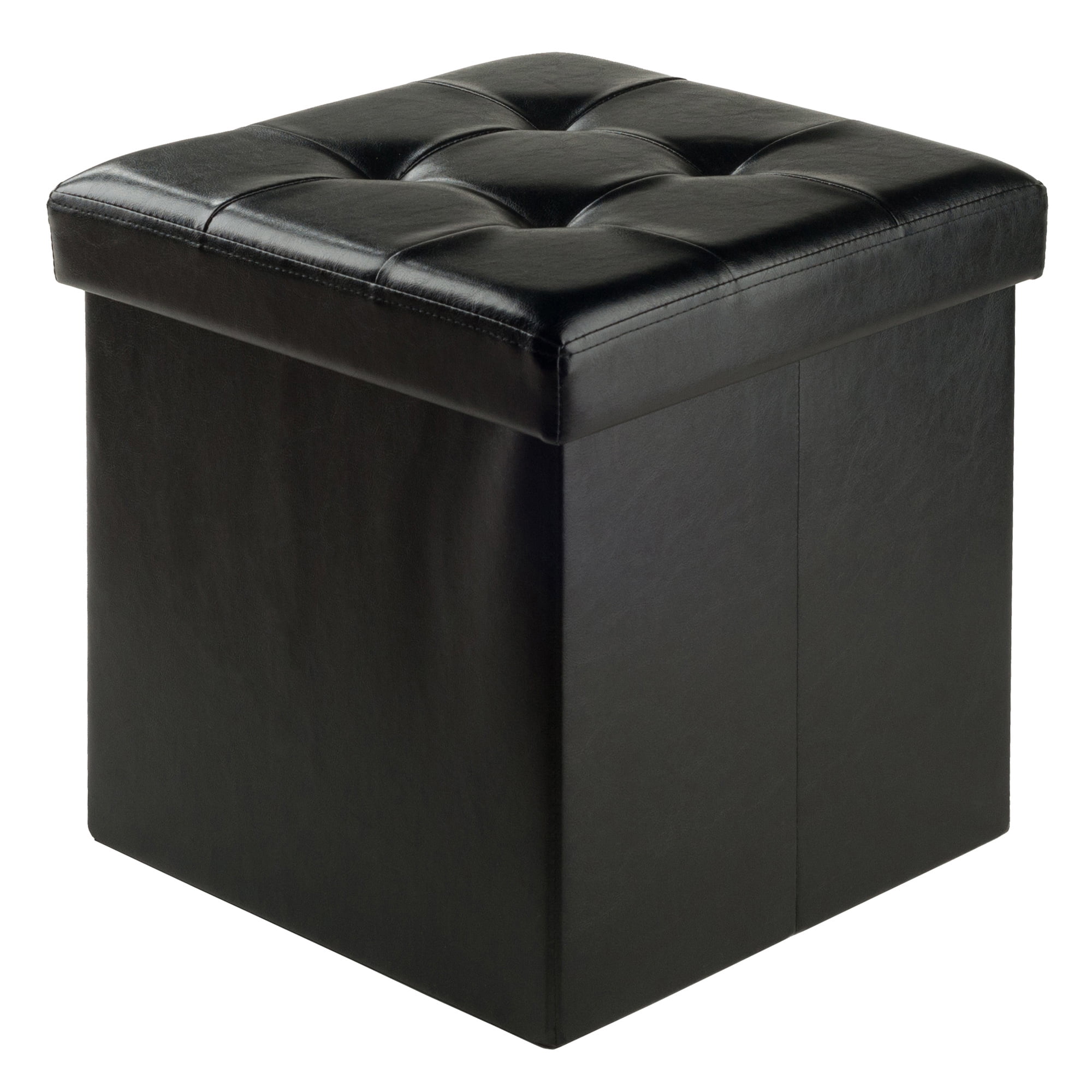 Winsome Wood Ashford Square Storage Ottoman, Black Faux Leather