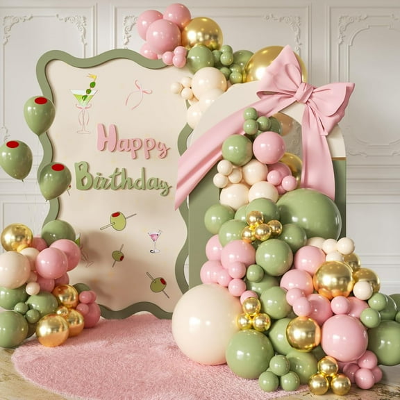 Martini Birthday Party Decorations, 139Pcs Sage KKS1 Green Pink Balloons Garland Kit Olive Green Blush Pink Sand White Gold Balloons for Martini Party Birthday Baby Shower Bridal Party Supplies
