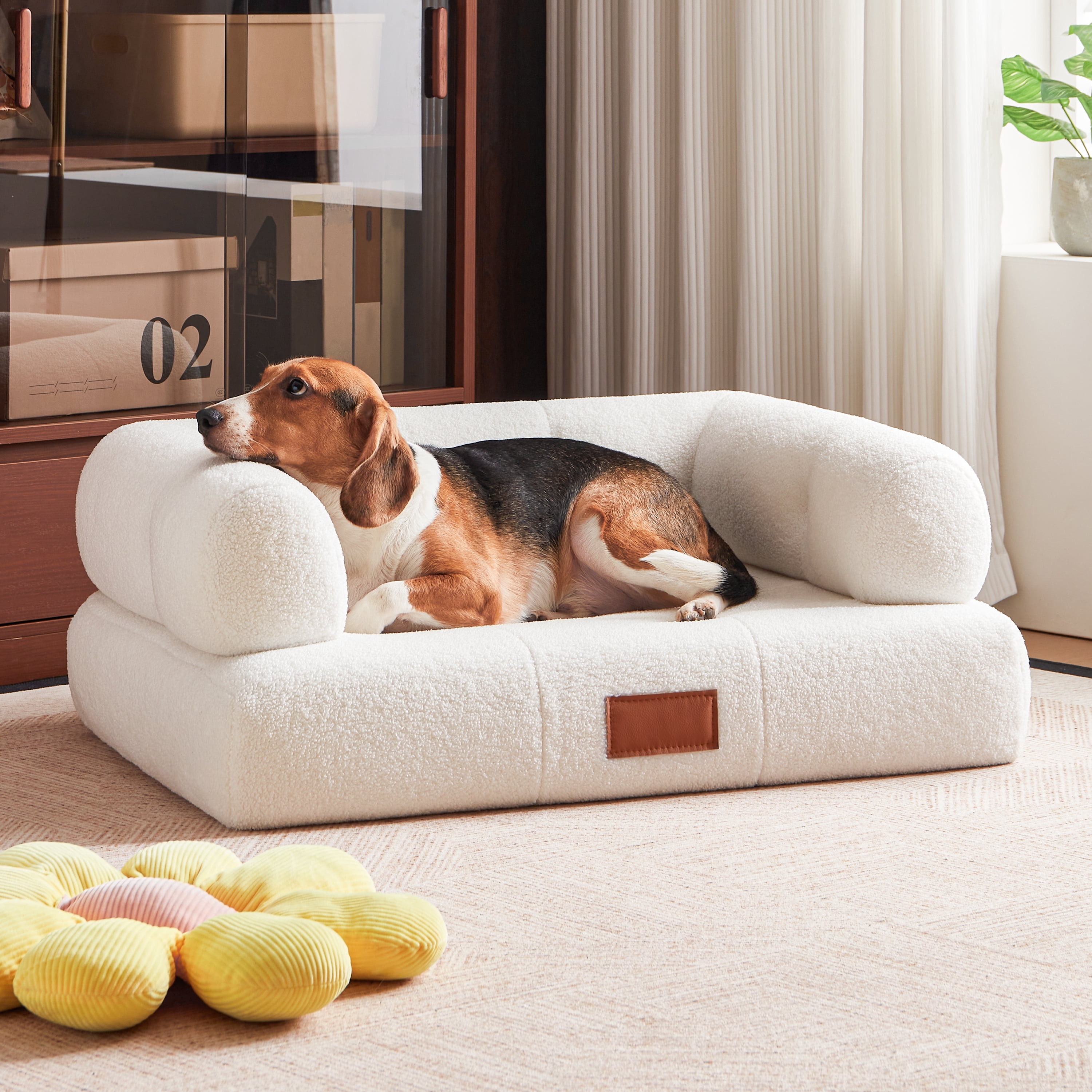 33.9'' White Faux Shearling Dog Bed Couch for Large and Medium Dogs up to 70lbs, Modern Luxury Orthopedic Elevated Pet Bed Sofa Cat Bed Couch with Leather Name Plate Indoor Furniture Style