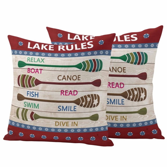 Lake Rules Outdoor Waterproof Pillow Covers, Red Green Brown Paddle Striped Rudder Wooden Decorative Square Throw Pillowcase Sofa Cushion Sham for Patio/Couch/Chair, 24"x24" 2 Pack