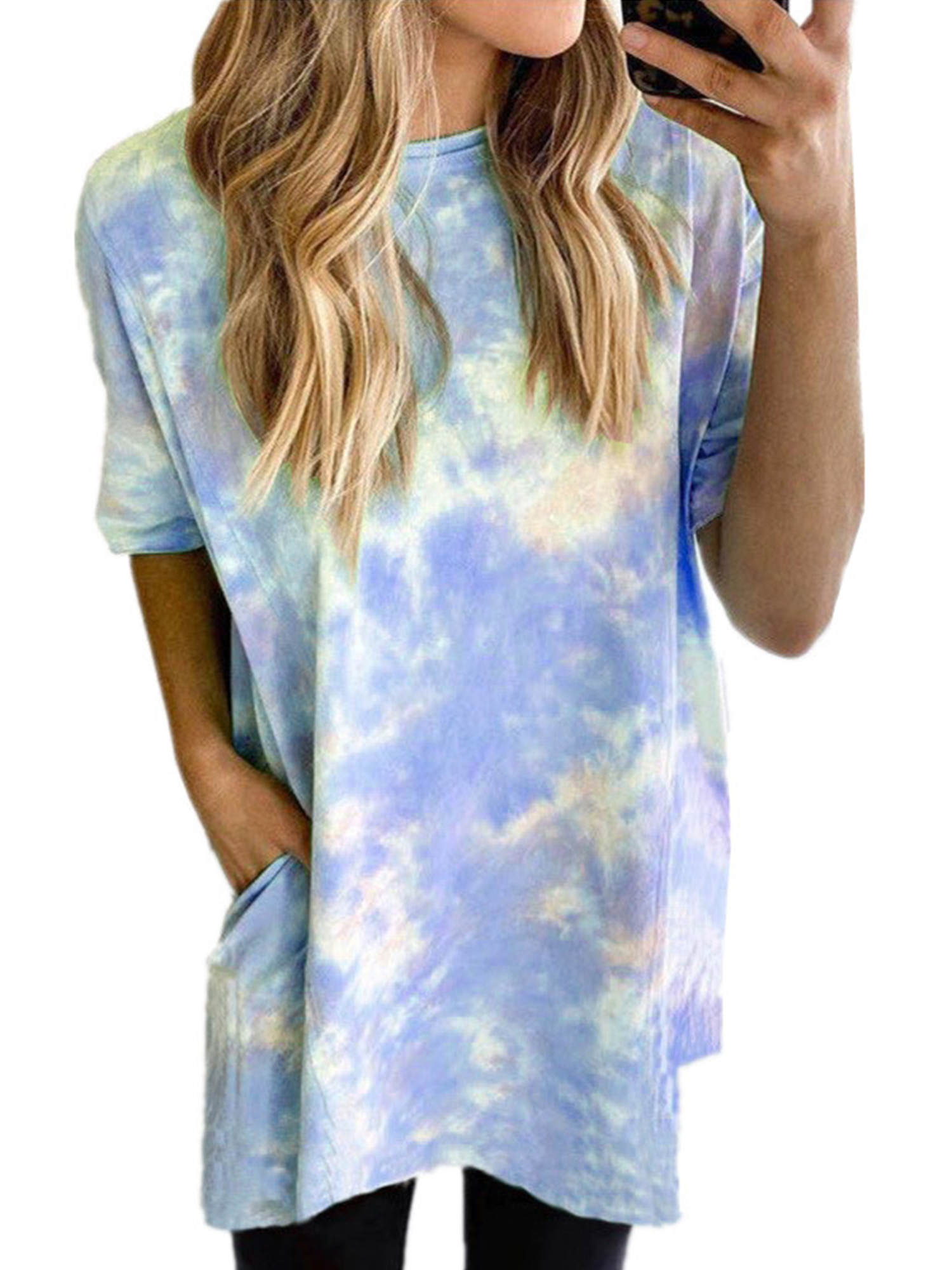 HiMONE Plus Size Women O Neck Tie Dye Short Sleeve T