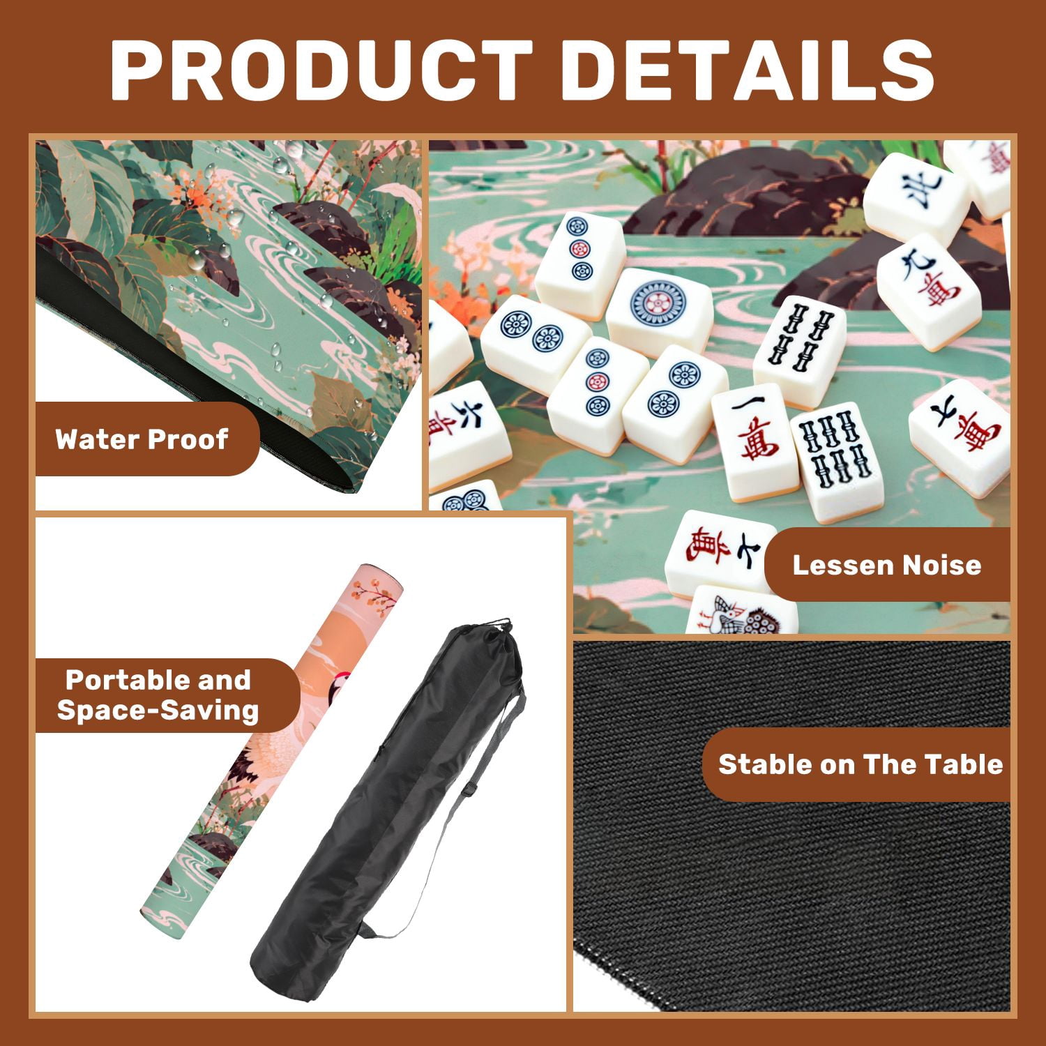 Mahjong Mat 31.5" x 31.5" Pink Crane Standing Lotus Flowers Traditional Floral Watercolor Non-Slip Noise Reduction American Mahjong Tiles Table Cover for Dominoes Poker Card Board Games Gift