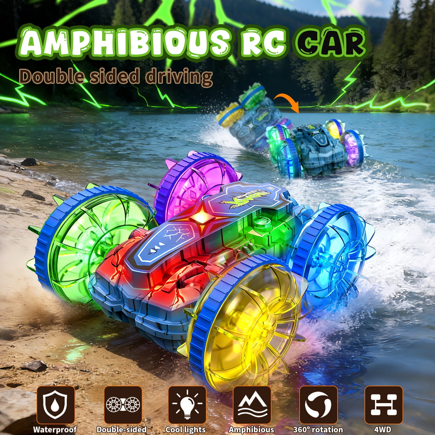JoyStone Amphibious RC Car for Kids, 4WD Waterproof All Terrain Remote Control Stunt Truck with Double-Sided Driving, LED Light-Up Wheels, 2 Batteries, Blue