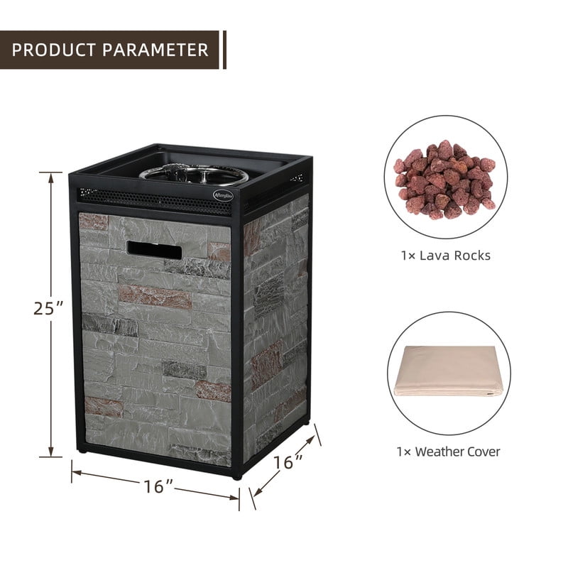 Afterglow 16" Square 40,000 Btu Propane Fire Pit, TerraFab Side Plate w Steel Frame Perfect for Outdoor Patio Garden, Weather Resistant Cover and Lava Rocks Included Rock Grey