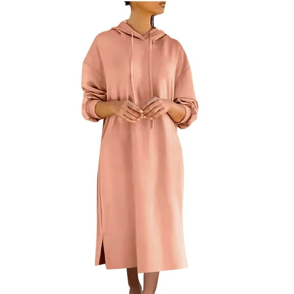 Wdfiry Women's Midi Dress Solid Color Pullover Hooded Long Sleeve Dress Casual Plus Size Side Slit Sweatshirt Dress