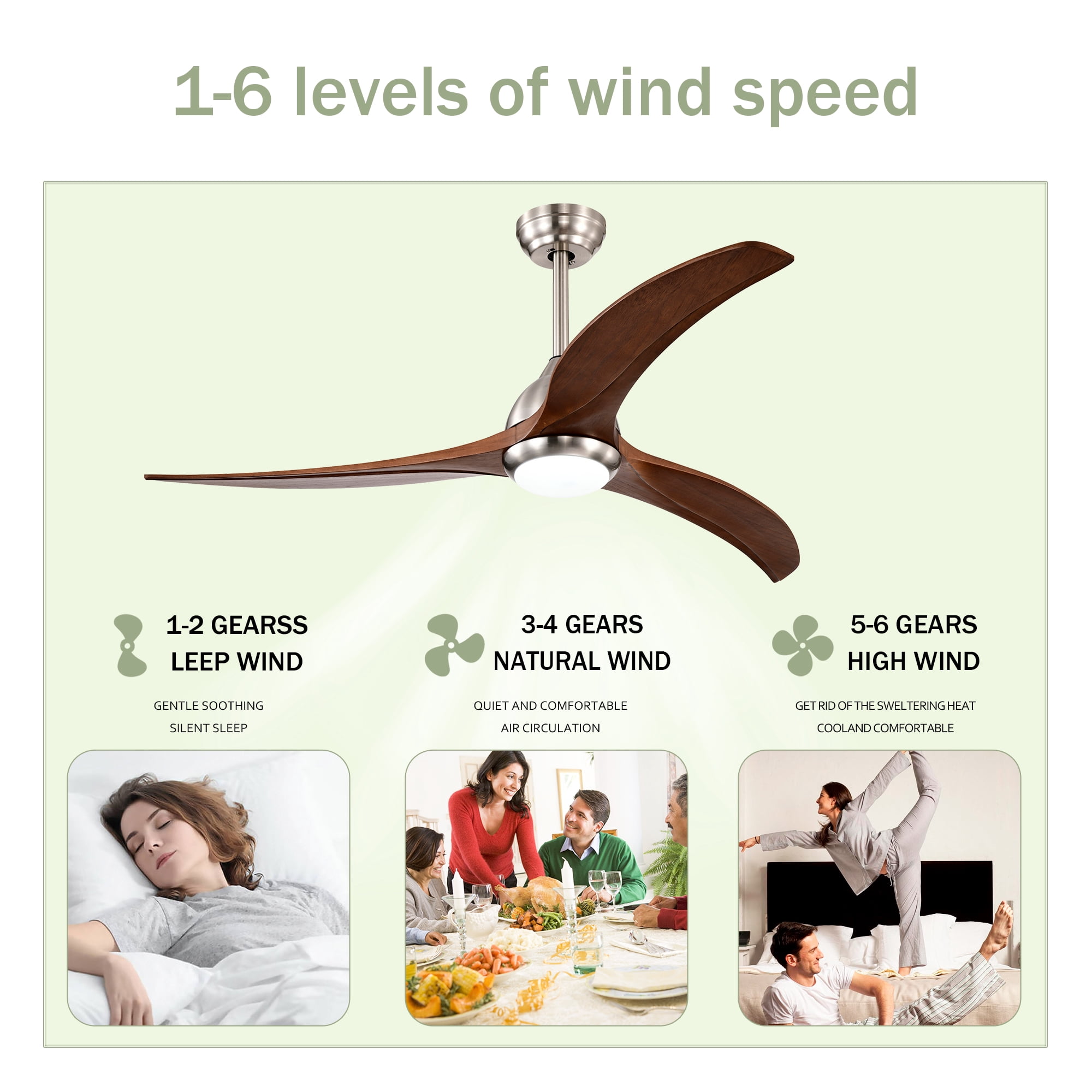 Ceiling Fan with Light, 52 Inch Reversible Noiseless Fan for Home Indoor Living Bedroom, Stain Nickel Walnut
