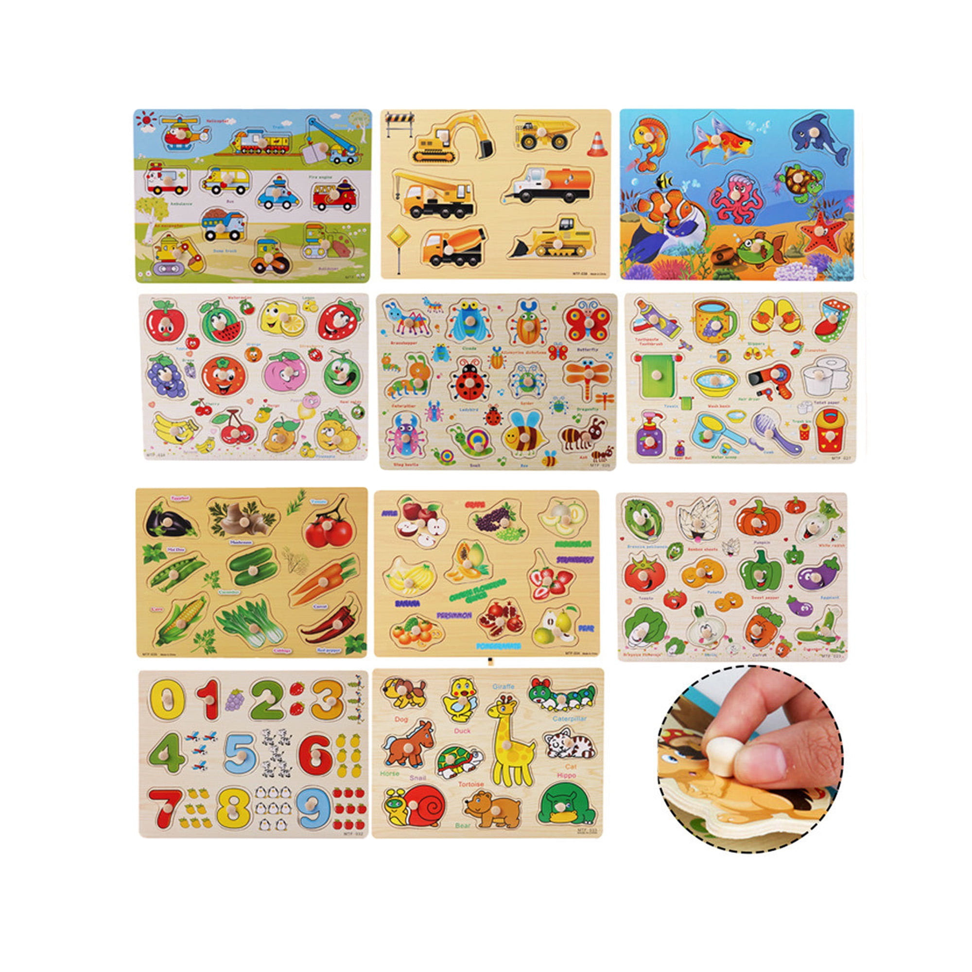 Qocolcyl Wooden Peg Puzzles for Toddlers 2+ Montessori Early Learning Educational Toys Number Alphabet Vehicle Fruit Shape Peg Boards Fine Motor Skills Screen-Free Gift for Preschool Boys Girls Kids