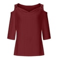 thumbnail image 4 of Sudaderas con capucha para mujer,Blusa informal de poliéster con hombros descubiertos para mujer, cuello en V y mangas 3/4, tejido ligero y transpirable, para uso diario, sopatenor, 4 of 8