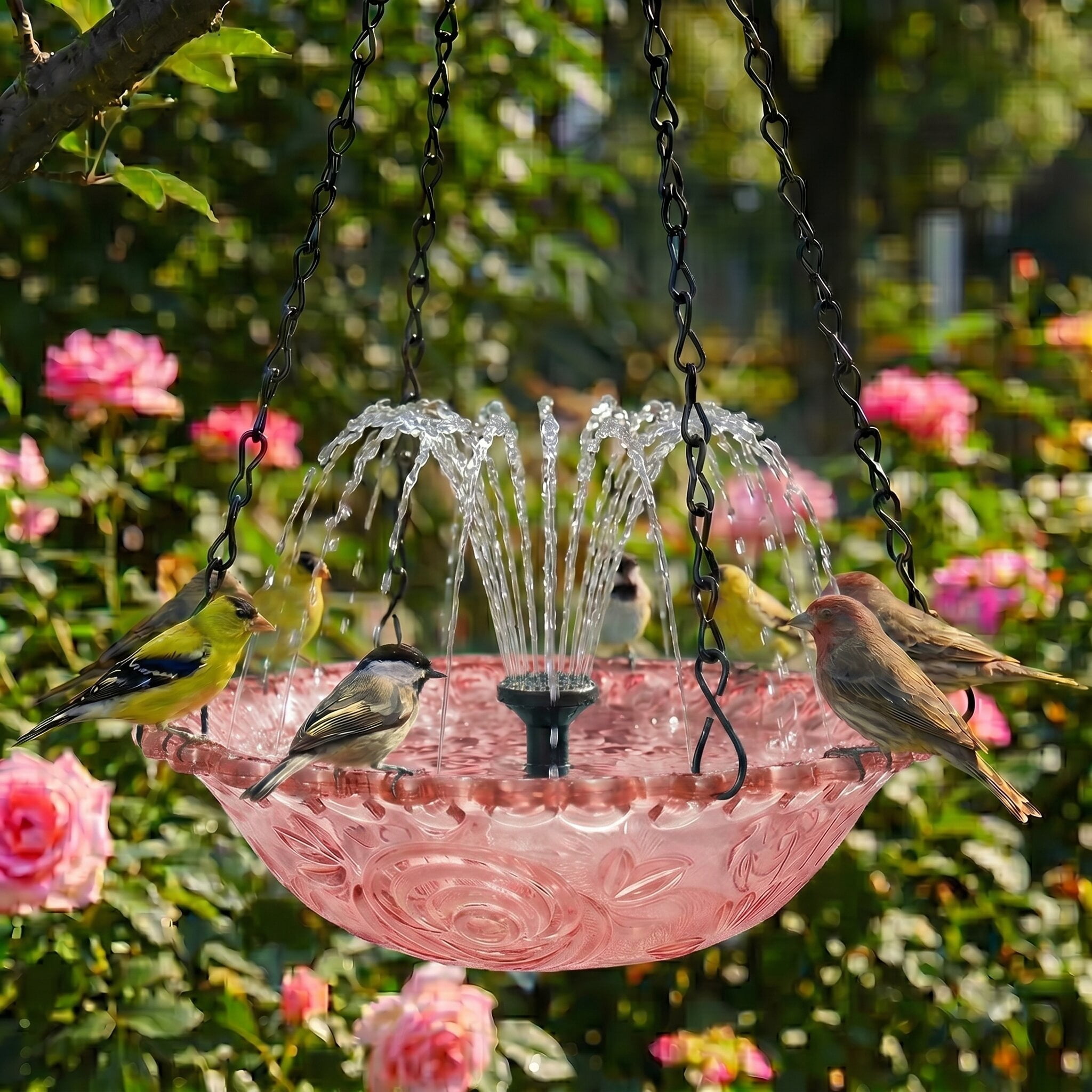 Fuebueo Solar Powered Hanging Bird Bath with Floating Fountain, Durable Birdbath for Outdoor Garden Decor, Hummingbird Bath with Solar Water Pump, Red