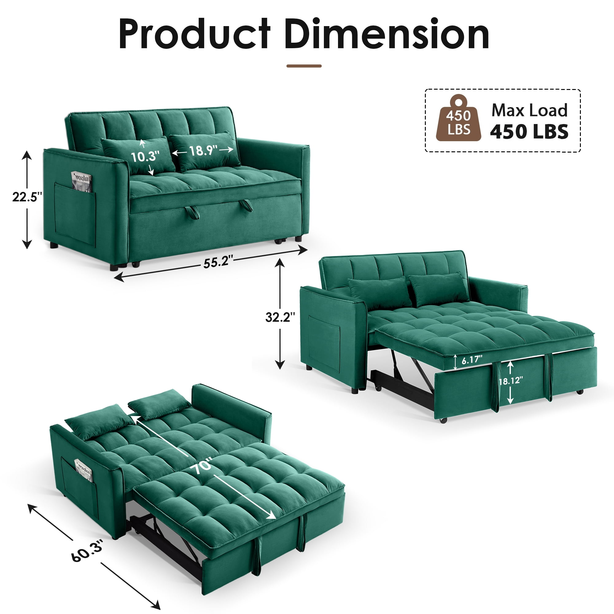 Vinform 55" 3 in 1 Convertible Sleeper Sofa Bed, Pull Out Loveseat Couch with Storage Pocket, Green