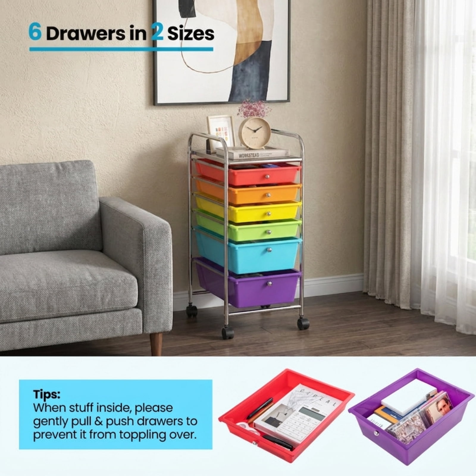 Furnibear 6 Drawers Rolling Storage Cart Organizer Multi for Home Office Craft Room Classroom, Multicolor