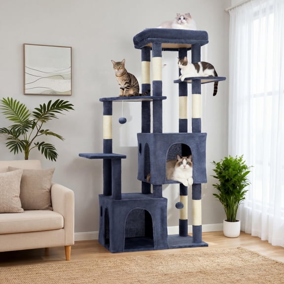 Babevy 61" Maine Coon Cat Tree, Heavy-Duty Tower with Extra-Large Perch, 2 Condos & 7 Sisal Scratching Posts for Large Indoor Cats