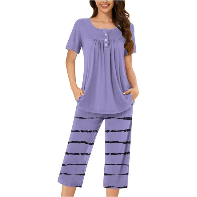 Rbaofujie Chemises de Nuit pour Femmes Femmes Décontracté Col Rond Manches Courtes Blouse Pantalon Mode Pyjama Ensemble Pyjama pour Filles