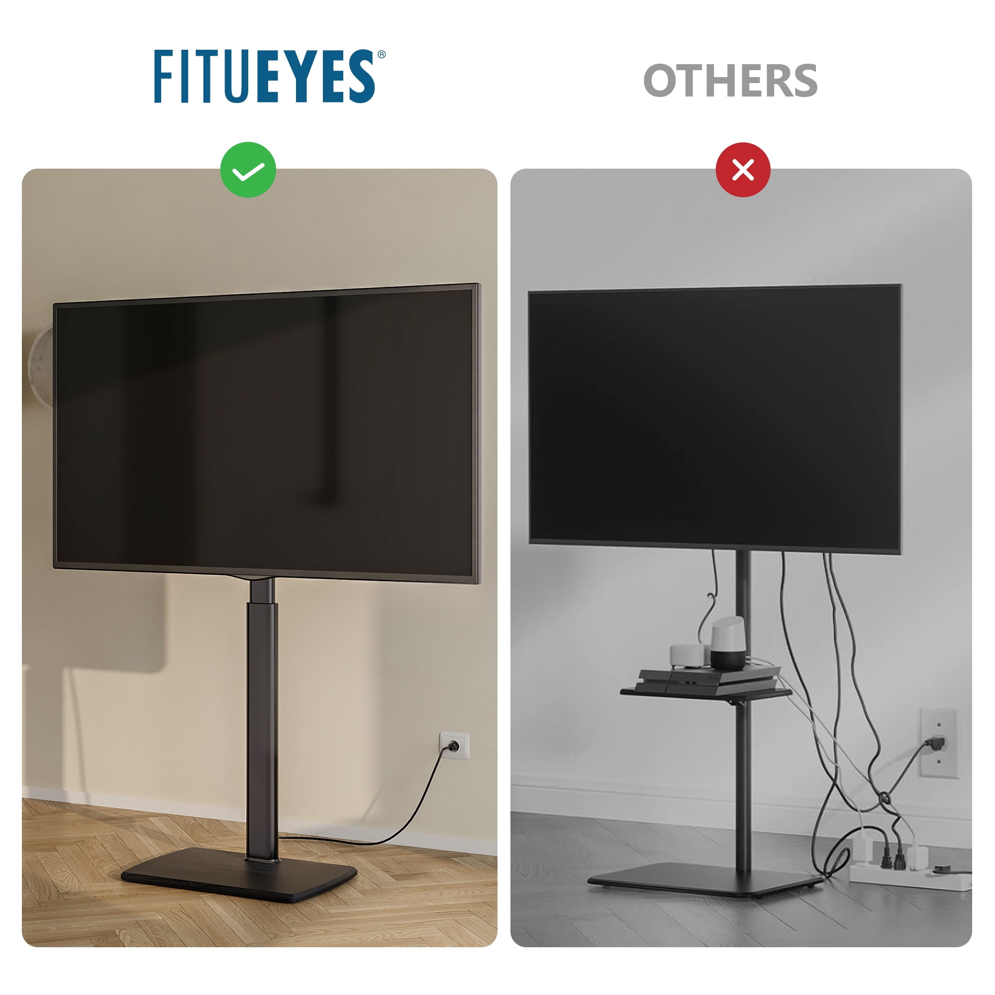 FITUEYES Modern Black Swivel Floor TV Stand for TVs up to 70 inch Metal Base with Power Strip Mount