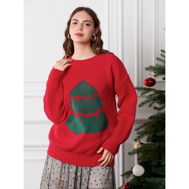 Suéter de árbol de Navidad para mujer, rojo/verde, hombros caídos, manga larga, cuello redondo, suéteres de punto sueltos acanalados, prendas de punto de invierno