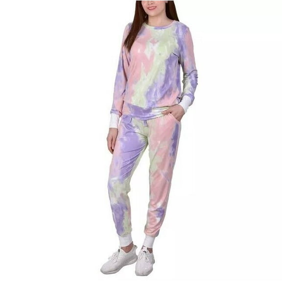 NY Collection Women's Long Sleeve Tie Dyed Jogger 2 Pc Set Multicolor Size PXL