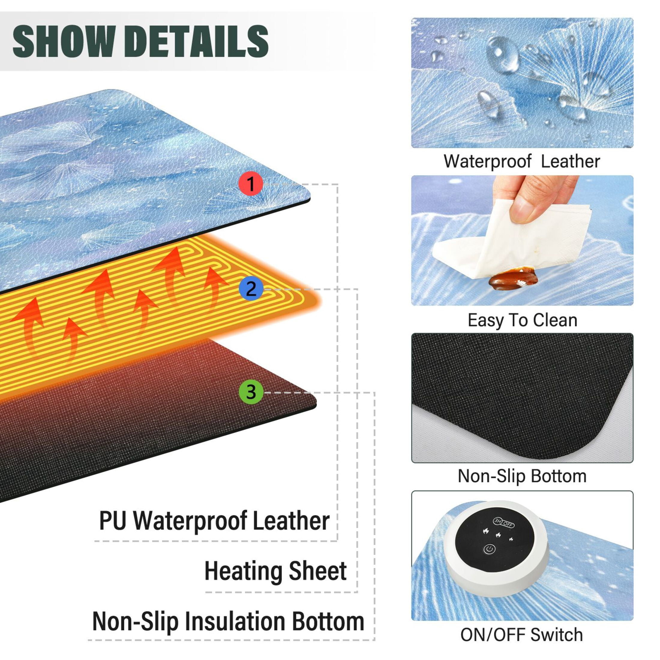 Large Heated Desk Mat Mouse Pad 31.5"x13"PU Leather Graphene Heating Desk Warmer with 3 Temperature Settings 110V US Plug Non-Slip Warm Pad for Home, Office, and Gaming Blue Sea Shell Pattern
