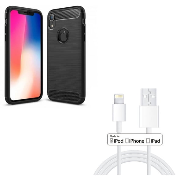 MFi USB Cable w Case for iPhone XR - 3ft Certified Charger Cord Power Wire, Carbon Fiber Slim Fit Cover Reinforced Bumper Shock Absorbent Compatible With iPhone XR