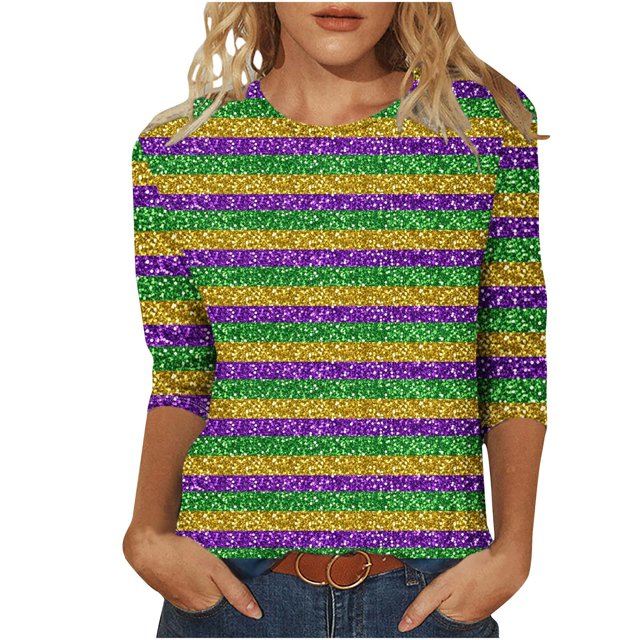 Penkiiy Blouse Carnaval pour Femmes Mardi Gras Mode Imprimée Décontractée Col Rond Manches 3/4 T-shirt Blouse TG Multicolore